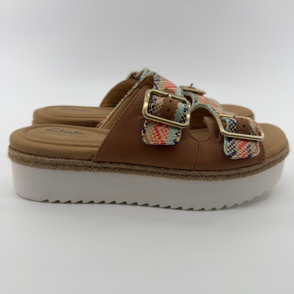 Clarks Collection Womens Tan Fabric Buckle Espadrille Platform Sandals Size 9‎